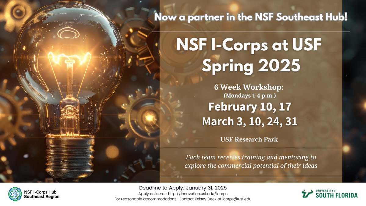 USFResearch's tweet photo. If you're a University of South Florida faculty member or grad student with a great idea for a product, technology or service, the USF I-Corps program can help you take it to the next level! Sign up by Jan. 31 for this 6-week workshop: https://t.co/lMcpYmgDUv #USF #ICorps https://t.co/DdhvBLUNz6