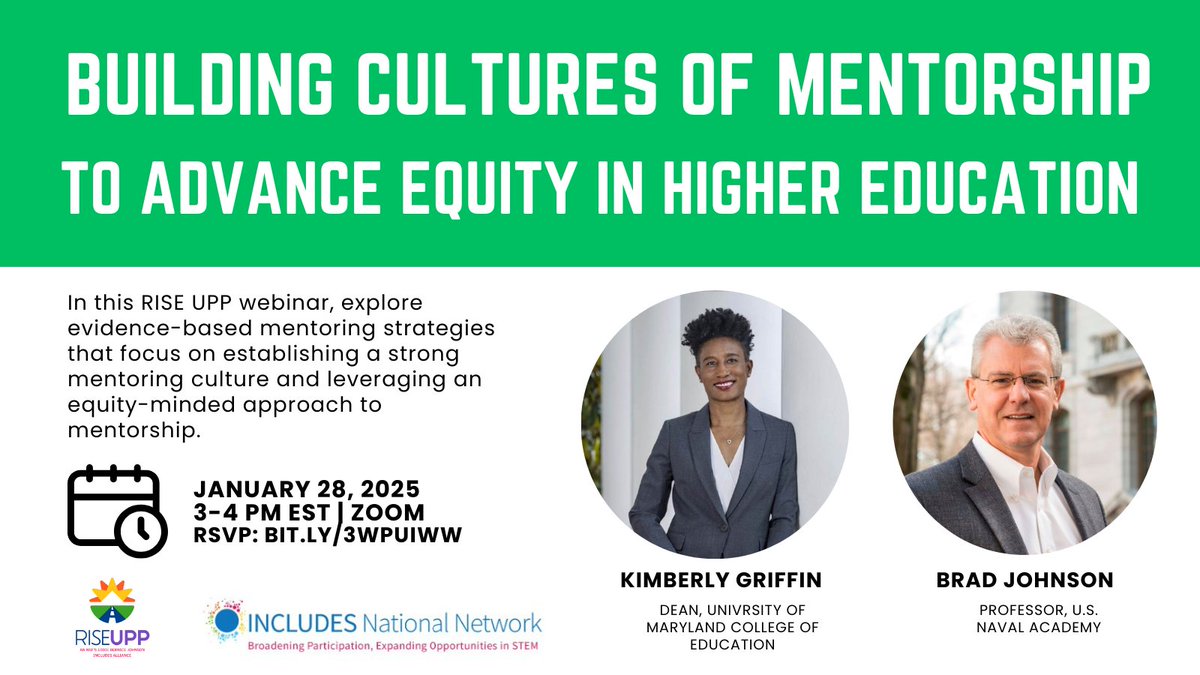 UMD College of Education (@umdcollegeofed) on Twitter photo To celebrate #NationalMentoringMonth, Dean Kimberly Griffin, <a href="/UMDCollegeofEd/">UMD College of Education</a> & Professor Brad Johnson, U.S. Naval Academy, will share strategies for building a strong mentorship culture on campus.
Join Rise UPP's webinar on Jan. 28 from 3-4 p.m.
RSVP: riseupp.org/events To celebrate #NationalMentoringMonth, Dean Kimberly Griffin, <a href="/UMDCollegeofEd/">UMD College of Education</a> & Professor Brad Johnson, U.S. Naval Academy, will share strategies for building a strong mentorship culture on campus.
Join Rise UPP's webinar on Jan. 28 from 3-4 p.m.
RSVP: riseupp.org/events