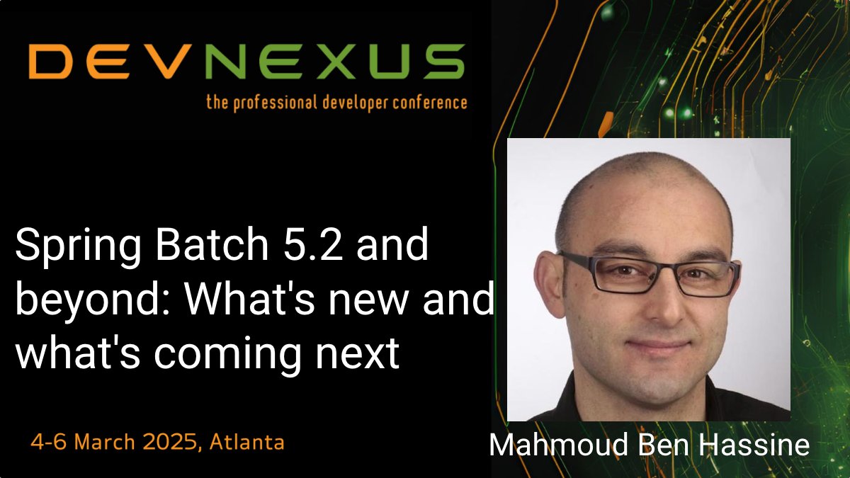 Devnexus (@devnexus) on Twitter photo Don't miss <a href="/fmbenhassine/">Mahmoud Ben Hassine</a>'s talk at this year's Devnexus, to walk you through all the new features introduced in Spring Batch 5.2 and what the team is planning to work on next!💥
devnexus.com/presentations/…
Get your tickets now!
🎟️ - Devnexus.com
🤩- X100OFF = discount! Don't miss <a href="/fmbenhassine/">Mahmoud Ben Hassine</a>'s talk at this year's Devnexus, to walk you through all the new features introduced in Spring Batch 5.2 and what the team is planning to work on next!💥
devnexus.com/presentations/…
Get your tickets now!
🎟️ - Devnexus.com
🤩- X100OFF = discount!