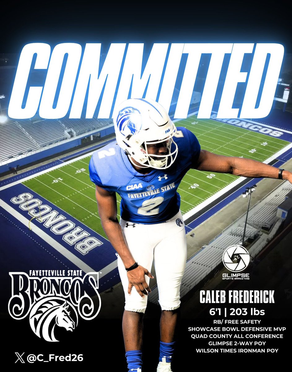 Glimpse Sports Marketing (@glimpse_24) on Twitter photo <a href="/AYCOCKFOOTBALL/">C.B. AYCOCK FOOTBALL</a> Senior RB/FS <a href="/C_fred26/">Caleb Frederick</a> has committed to <a href="/Fsubroncos_fb/">Fayetteville State Football</a> . He will provide much needed playmaking ability to a depleted secondary. Congrats!!!! <a href="/zeet81/">Thomas Zietlow</a> <a href="/rpate1024/">randypate@wcps.org</a> <a href="/Dynasty_Athlete/">Dynasty Athletic Performance, LLC</a> <a href="/AYCOCKFOOTBALL/">C.B. AYCOCK FOOTBALL</a> Senior RB/FS <a href="/C_fred26/">Caleb Frederick</a> has committed to <a href="/Fsubroncos_fb/">Fayetteville State Football</a> . He will provide much needed playmaking ability to a depleted secondary. Congrats!!!! <a href="/zeet81/">Thomas Zietlow</a> <a href="/rpate1024/">randypate@wcps.org</a> <a href="/Dynasty_Athlete/">Dynasty Athletic Performance, LLC</a>