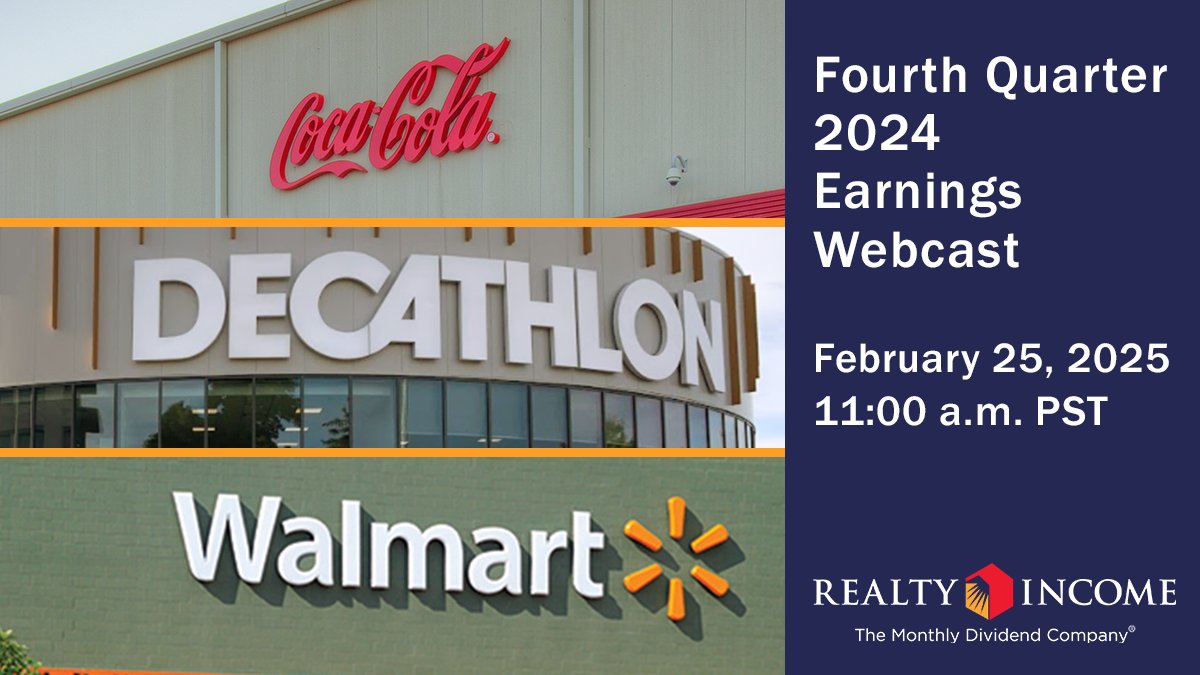 Realty Income will release its operating results for the quarter and year ended December 31, 2024 after the market closes on February 24, 2025. The company will host its earnings conference call on February 25, 2025 at 11:00 a.m. PST.

Learn more: ow.ly/6zG050UL7zZ