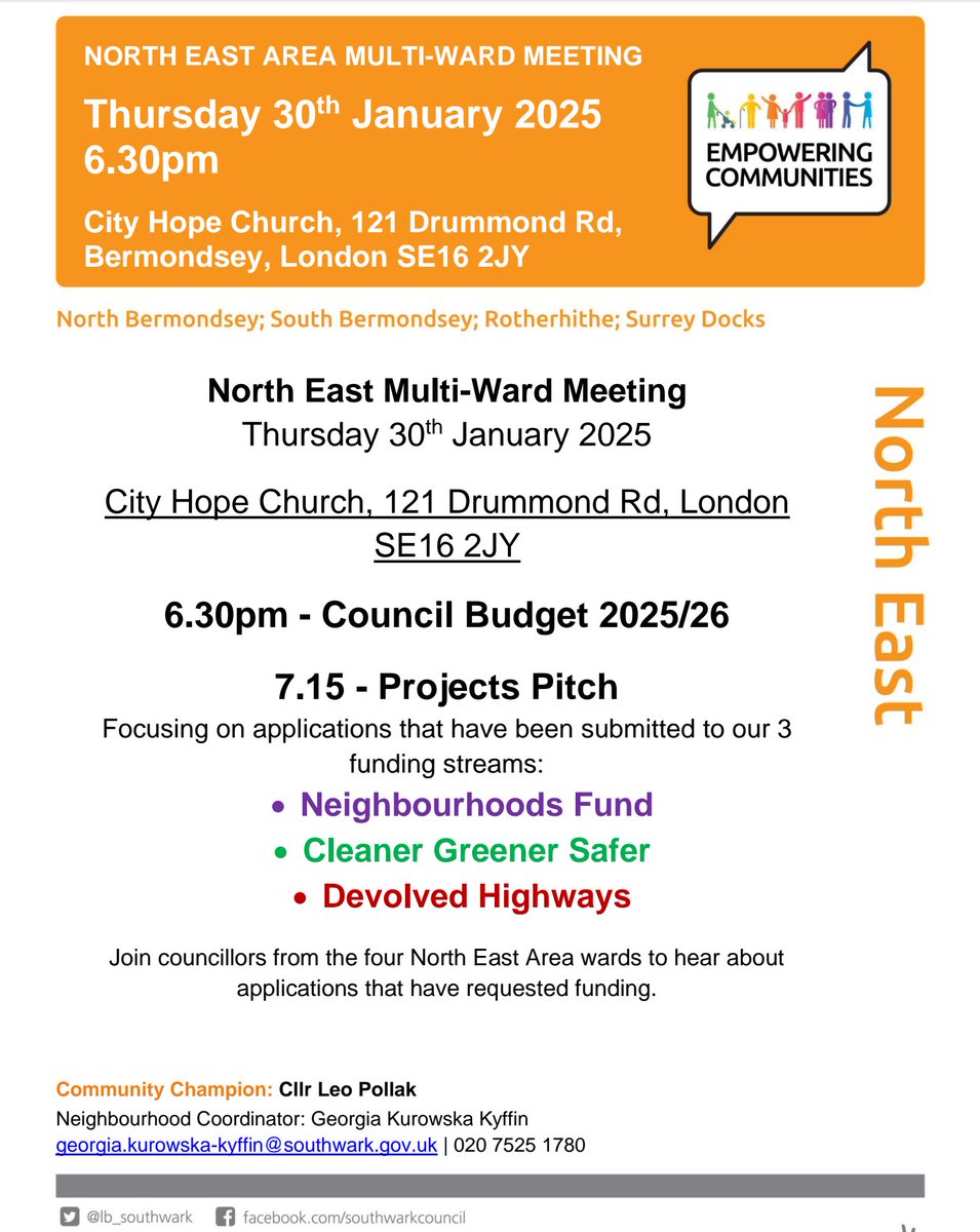 Rotherhithe Connections - People & Place (@irotherhithe) on Twitter photo Thursday 30January 6.15 for 6.30 pm
Northeast Area Multi Ward Meeting
PLEASE NOTE CHANGE OF VENUE
City Hope Church, 121 Drummond Rd #SE16 2JY
Join councillors from the 4 NE wards to hear about applications that have requested funding
<a href="/CityHopeLondon/">City Hope Church</a> <a href="/lb_southwark/">Southwark Council</a> Thursday 30January 6.15 for 6.30 pm
Northeast Area Multi Ward Meeting
PLEASE NOTE CHANGE OF VENUE
City Hope Church, 121 Drummond Rd #SE16 2JY
Join councillors from the 4 NE wards to hear about applications that have requested funding
<a href="/CityHopeLondon/">City Hope Church</a> <a href="/lb_southwark/">Southwark Council</a>