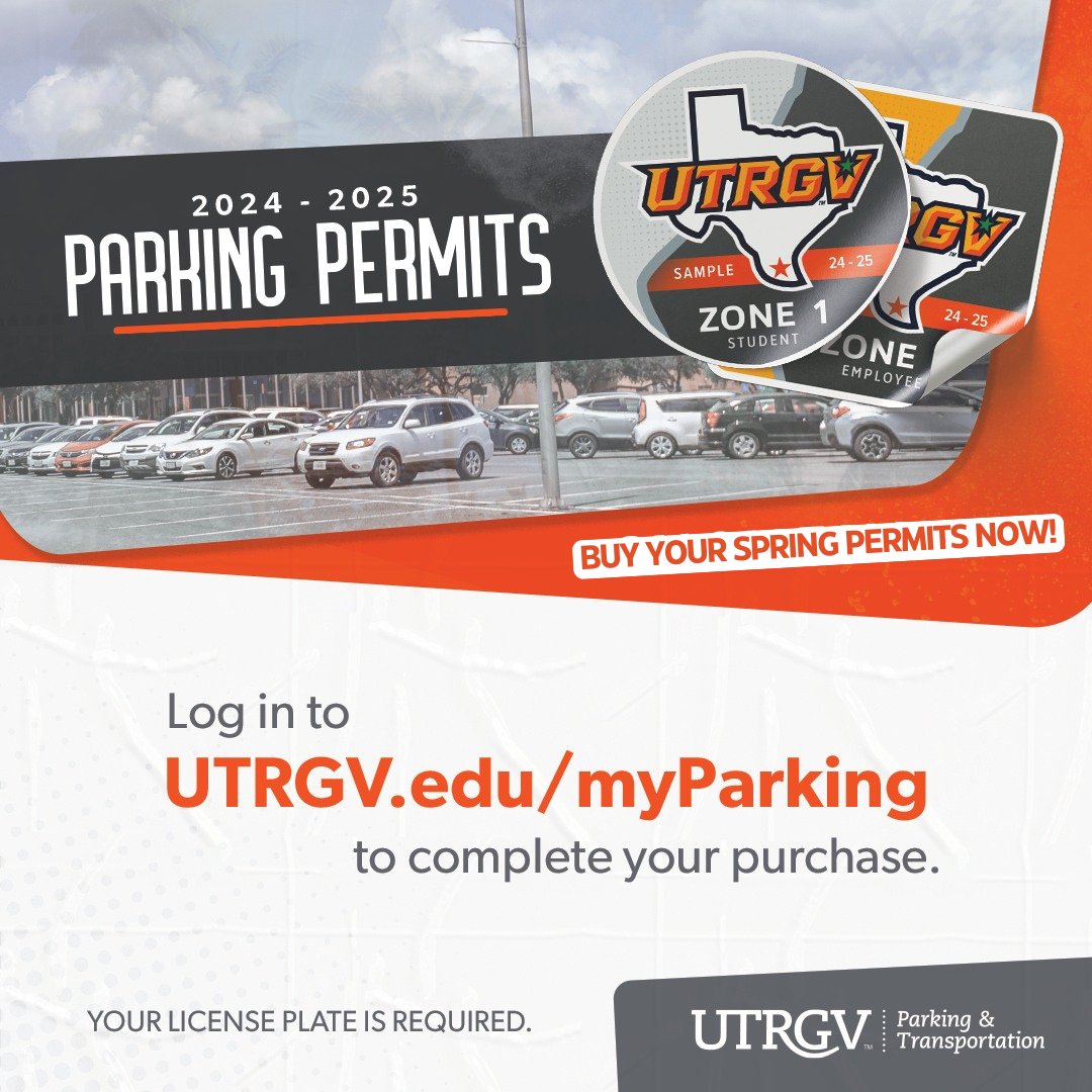 UTRGV_PTS's tweet photo. Welcome back Vaqueros!🤠 As we kick off the spring semester, make sure to grab your parking permit so you’re ready to roll. Head to https://t.co/mJqaOlGaZj for all the details.🚘 #UTRGV #UTRGVPTS https://t.co/4R0lDrA3SL