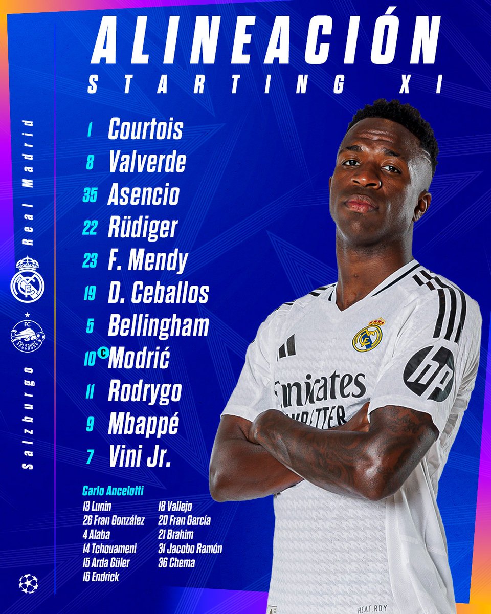 realmadrid's tweet image. 📋✅ ¡Nuestro XI inicial!  
🆚 @RedBullSalzburg