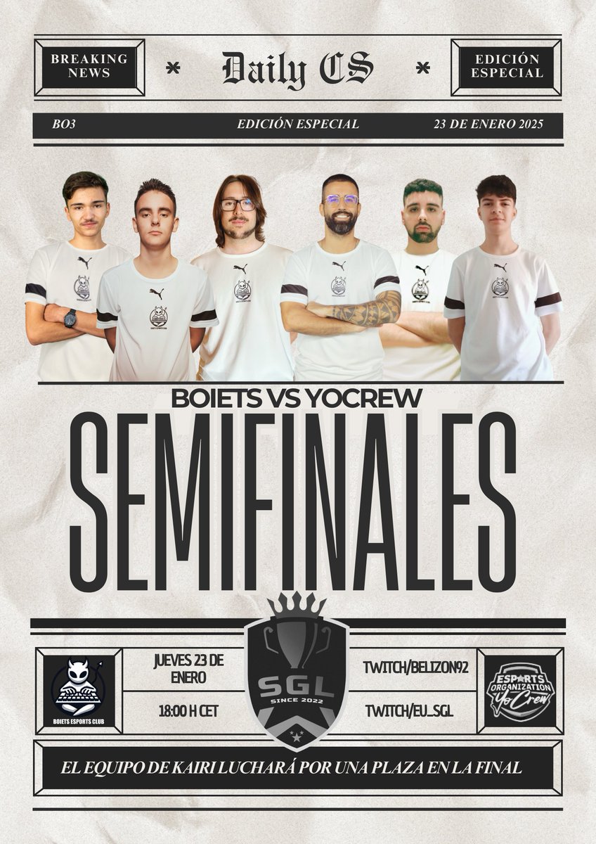 Después de solo 4 meses de vida, estamos a un pasito de una final y nos encantaría contar con todo vuestro apoyo🤍🖤

🏆 Semifinal <a href="/EU_SGL/">SGL</a> Pro Camp 
🗓️ Jueves 23
🆚 YoCrew
🕛 18:00h CET
📺 twitch.com/belizon92 &amp; twitch.com/eu_sgl
🎙️ <a href="/belizon92/">𝔹𝕖𝕝𝕚𝕫𝕠𝕟𝟡𝟚</a> 

Vamos <a href="/Boietsoficial/">Boiets Esports Club</a> ❗️👺