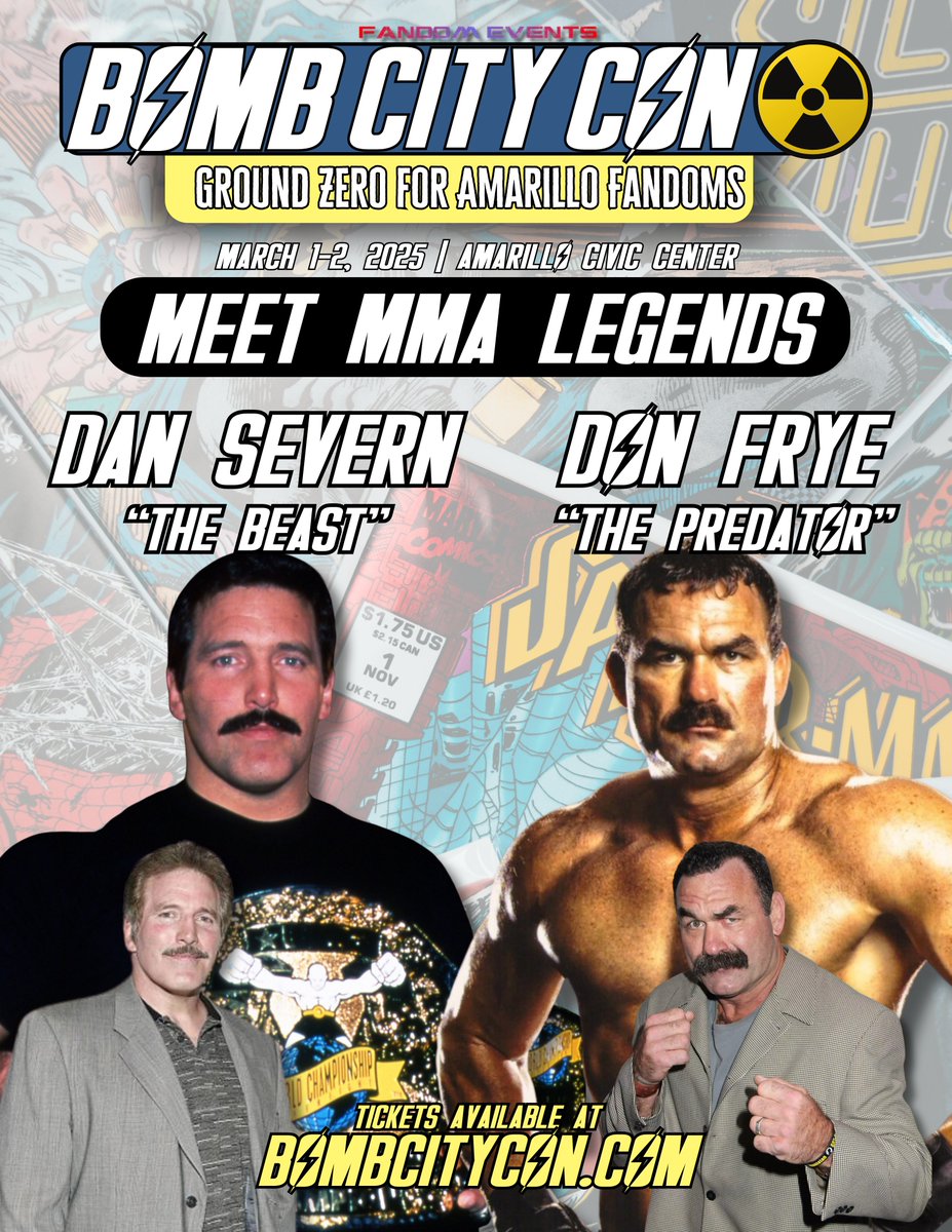 Thrilled to bring two absolute MMA LEGENDS to #BombCityCon on March 1-2, 2025 in Amarillo! <a href="/dansevern/">Dan Severn</a> and <a href="/DonFryeFighter/">Don Frye</a> are iconic legends for MMA enthusiasts! Meet these giants at Bomb City Con in Amarillo! Tickets and hotel rooms are available at BombCityCon.com