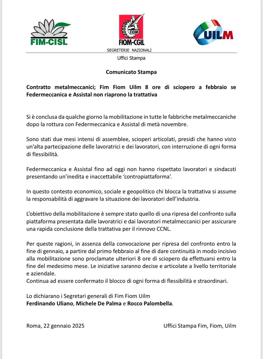 🔧✊ Continua  la lotta  dei #metalmeccanici per il contratto.
Migliaia  di lavoratori del hanno fatto sentire la loro voce con assemblee e scioperi. Ma non è finita: se Federmeccanica e Assistal non riaprono la trattativa entro fine gennaio, ci saranno altre 8 ore di sciopero🚨