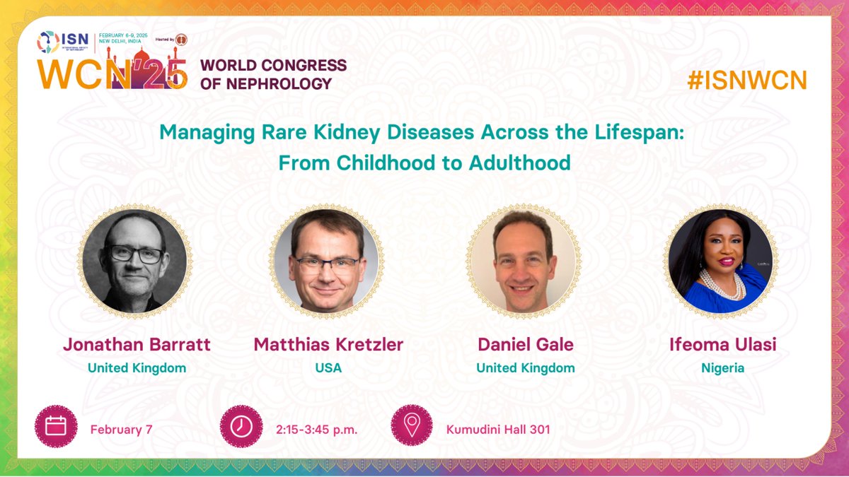 ATR (@acidosistubular) on Twitter photo Not to be missed at #ISNWCN: Managing Rare Kidney Diseases Across the Lifespan: From Childhood to Adulthood.
<a href="/IgAN_JBarratt/">Jonathan Barratt</a>, <a href="/KretzlerM/">Matthias Kretzler</a>, Daniel Gale, <a href="/ulasi_ifeomai/">ifeoma ulasi</a>
February 7
2:25 p.m.
Kumudini Hall 301 Not to be missed at #ISNWCN: Managing Rare Kidney Diseases Across the Lifespan: From Childhood to Adulthood.
<a href="/IgAN_JBarratt/">Jonathan Barratt</a>, <a href="/KretzlerM/">Matthias Kretzler</a>, Daniel Gale, <a href="/ulasi_ifeomai/">ifeoma ulasi</a>
February 7
2:25 p.m.
Kumudini Hall 301