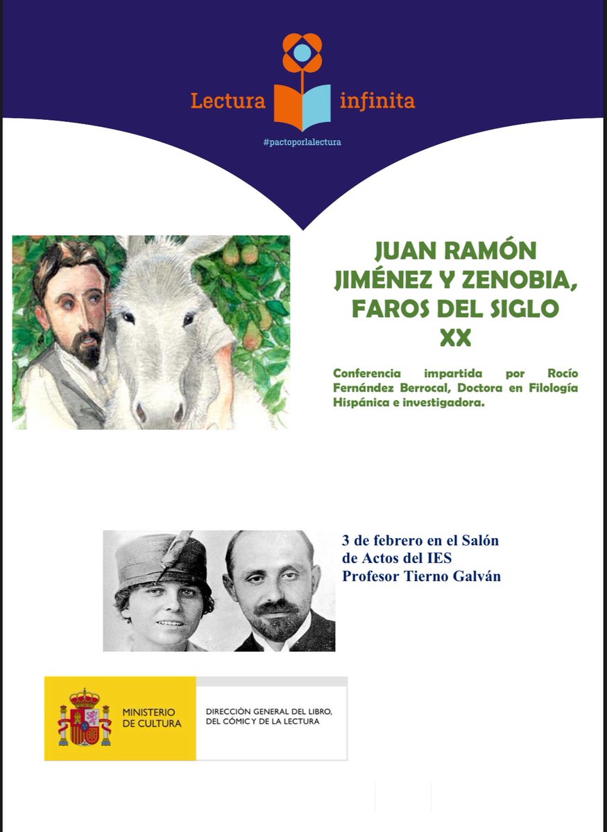 Conferencia el 3 de febrero, en el Salón de Actos del IES Profesor Tierno Galván <a href="/iesptg/">IES Tierno Galván</a> , sobre #juanramonjimenez y #zenobiacamprubí impartida por la Doctora en Filología,  investigadora y especialista en estos autores Rocío Fernández Berrocal @intza85