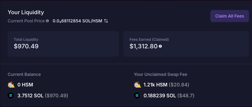 the $HSM DLMM pool has been treating me quite nicely the last 24 hours

Initial deposit: 3 SOL
Fee's Earned: ~5.5 SOL

Let's keep the volume flowingggg