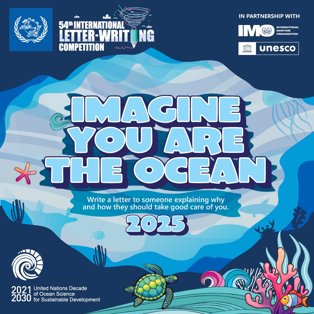 UN_SDG's tweet image. It’s time to give the ocean a voice!🌊

For the 54th International Letter-Writing Competition (#ILWC), @UPU_UN, @IMOHQ, and @UNESCO invite children from around the world to write letters that inspire action to #SaveOurOcean.

👉Learn more: bit.ly/ilwc25