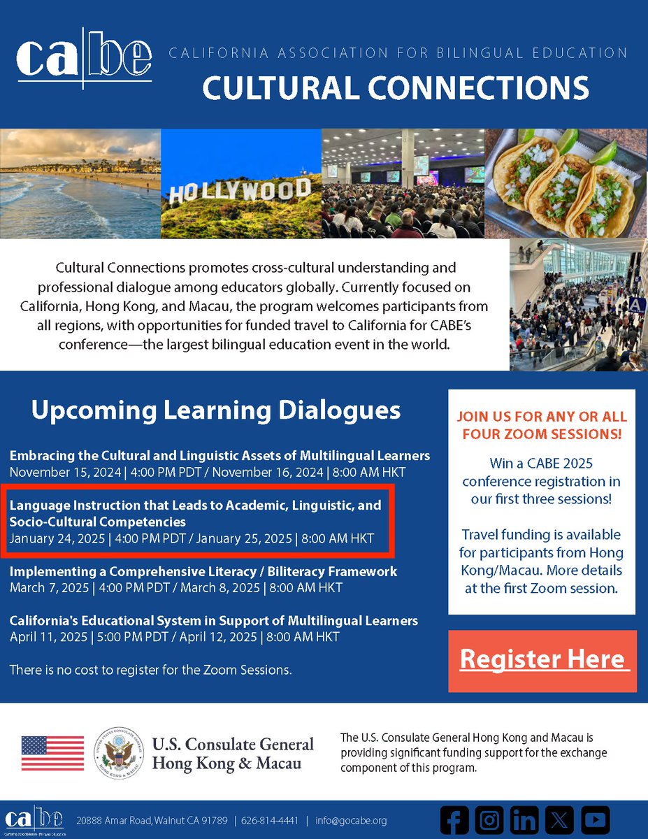 CABE (@cabebebilingual) on Twitter photo Join us this week for a dynamic Cultural Connections learning dialogue, "Language Instruction that Leads to Academic, Linguistic, and Socio-Cultural Competencies" on
January 24, 2025 | 4:00 PM PDT
January 25, 2025 | 8:00 AM HKT
Register now: docs.google.com/forms/d/e/1FAI… Join us this week for a dynamic Cultural Connections learning dialogue, "Language Instruction that Leads to Academic, Linguistic, and Socio-Cultural Competencies" on
January 24, 2025 | 4:00 PM PDT
January 25, 2025 | 8:00 AM HKT
Register now: docs.google.com/forms/d/e/1FAI…