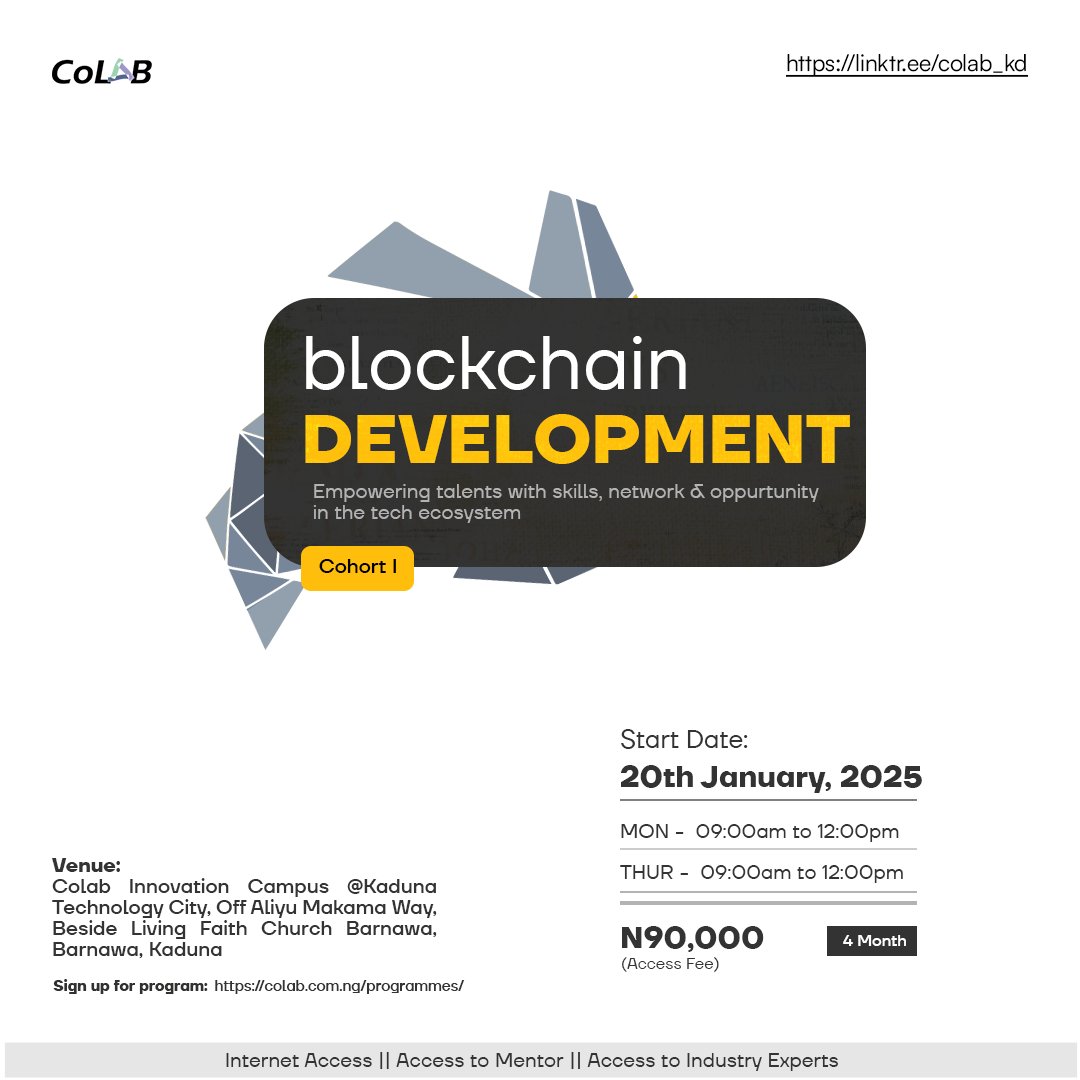 CoLab_kd's tweet photo. Ready to dive into the future of tech? Join CoLab's Blockchain Development Cohort! Learn the fundamentals of blockchain and how to build decentralized applications. Don’t miss this opportunity to be part of the blockchain revolution. Enroll now! #BlockchainCohort #CoLabInnovation https://t.co/QEImjqDtAU