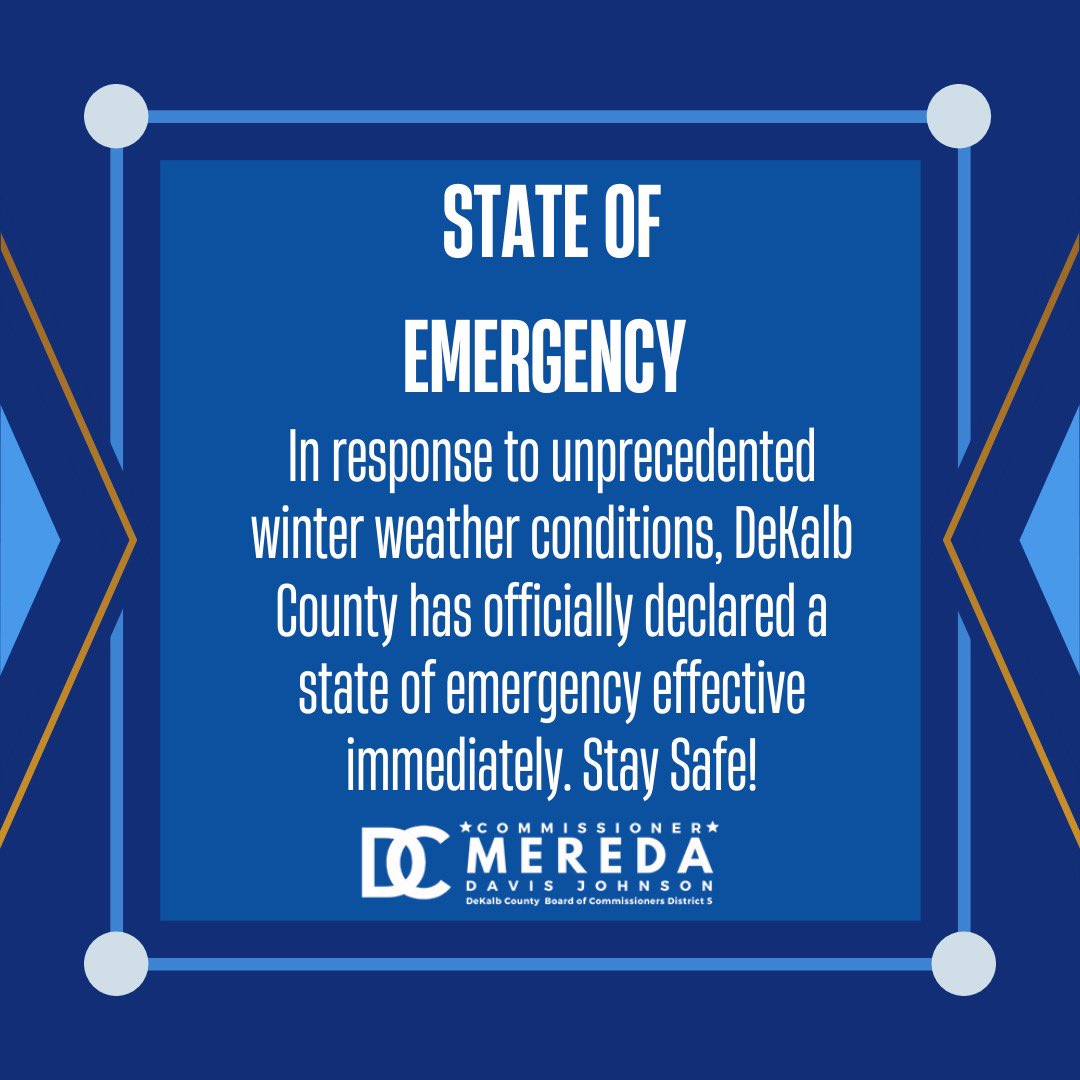 In response to severe winter weather, DeKalb County has declared a State of Emergency. I urge all residents to shelter in place and avoid travel. Icy roads and freezing temperatures have made conditions extremely dangerous. Stay safe!