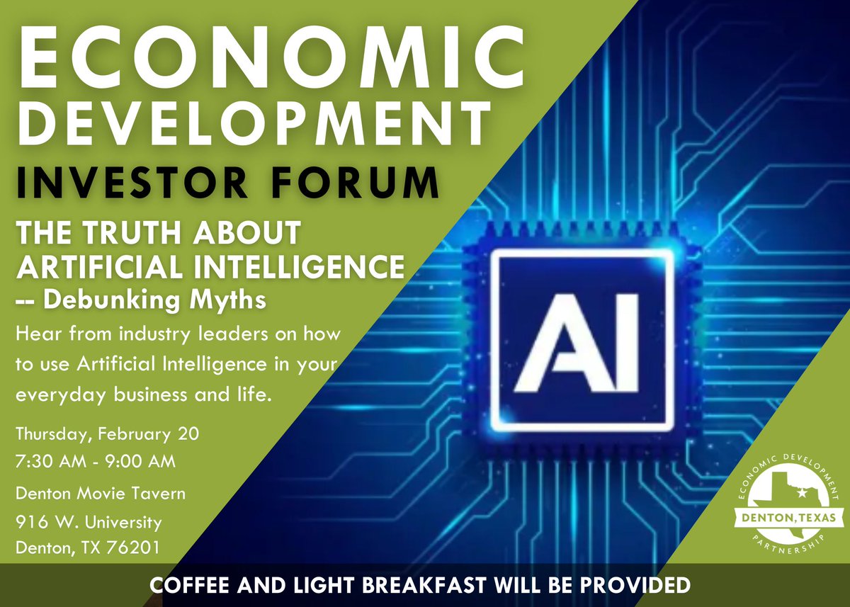 DentonEDP's tweet photo. Upcoming Economic Development Partnership Forum: 

The Truth About Artificial Intelligence -- Debunking Myths.

📅 Thursday, February 20th
⏲️ 7:30 am to 9 am
🏢 Denton Movie Tavern

For more info and to sign up: https://t.co/Iisw8kUBOW https://t.co/QCMGln7g1u