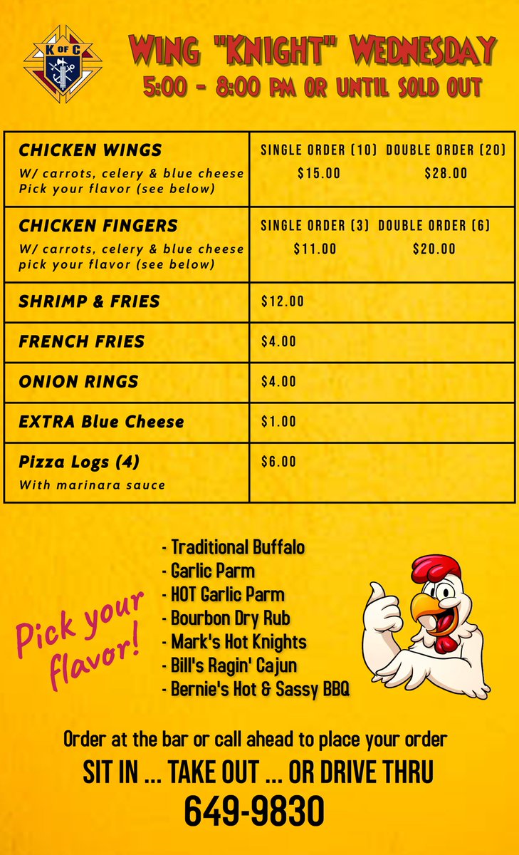 koc2220's tweet photo. It's Wednesday.
That means it's "Wing Knight" this evening.
We hope to see you tonight!
Stop by anytime between 5pm and 8pm.
Check out our menu! https://t.co/c1nkJC1EGT