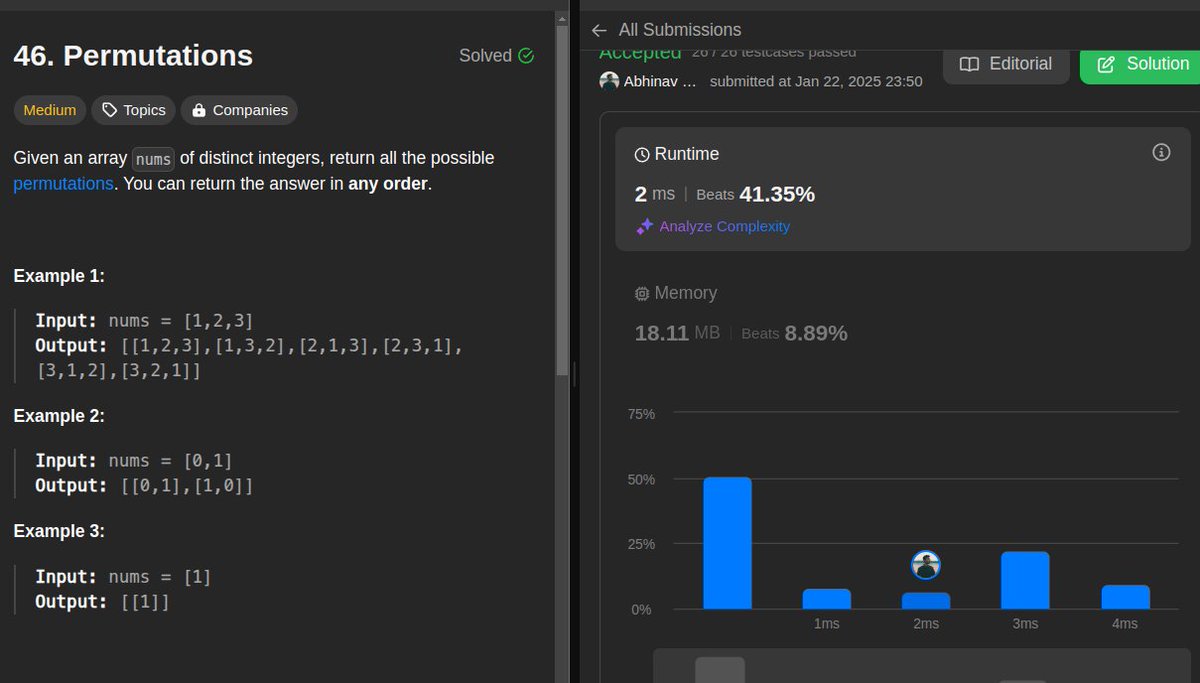 Abhinav_Nair13's tweet image. Day 91/100 of #LeetCodeChallenge!. Solved - 46. Permutations