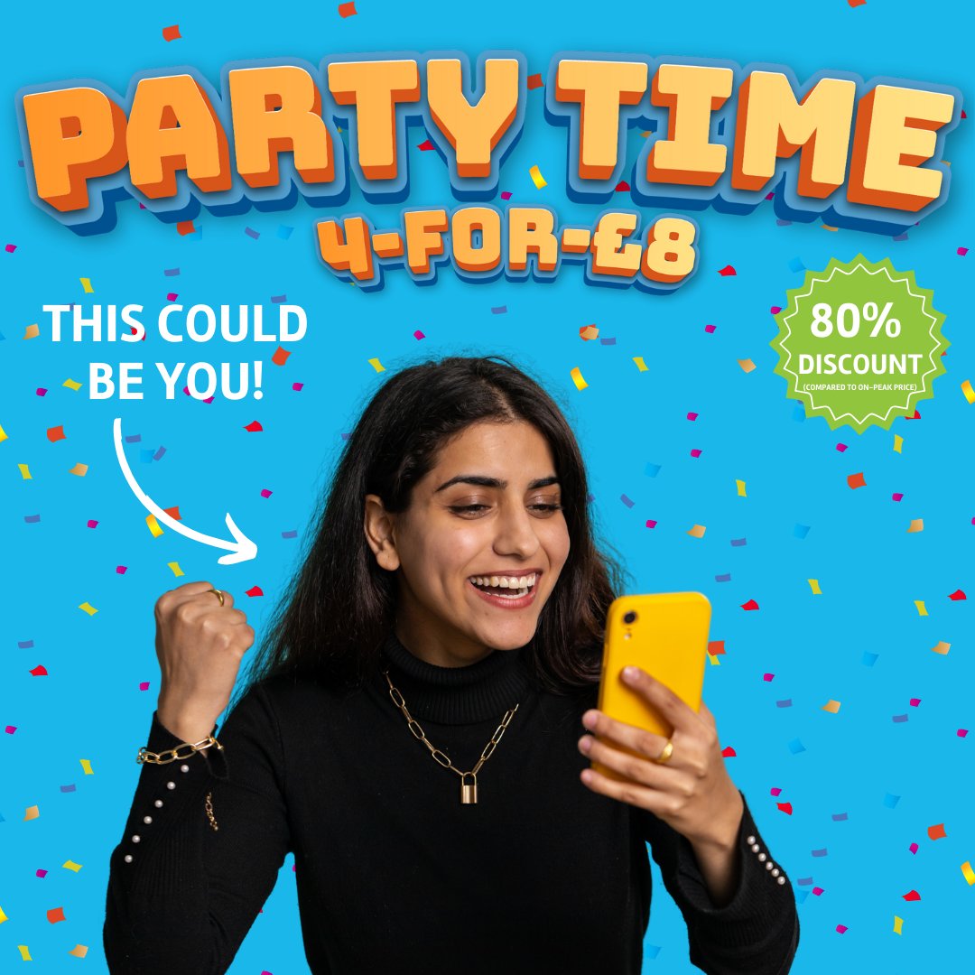 🎉 Party Time FUNda-tastic Deal! 🎉

👀 THIS COULD BE YOU… snagging our incredible 4-for-£8 

Just £8, up to 4 people💥 That’s 80% OFF compared to our On-Peak Gold Wristband price! WOW!

📅 When? Thursdays and Fridays at 3:30 PM – 5:45 PM