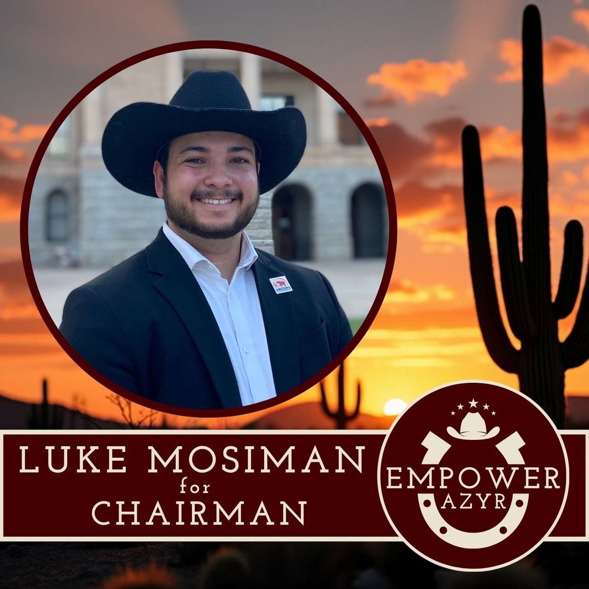 🚨UPDATE🚨 

Introducing Luke Mosiman, candidate for Chairman of the Arizona Young Republicans

Luke is the founder of YRNF awarded Maricopa YRs, the National Committeeman for AZYR, and a long time political activist and strategist.

He is excited to unify and EMPOWER Arizona YRs