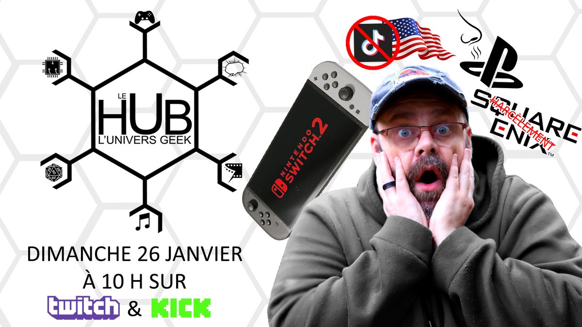 Hey tout le monde ! 
On se retrouve dimanche 26 janvier à 10 h pour le HUB avec <a href="/Ryudokasworld/">Ryudoka's world</a> ! Au programme : 
- Square enix contre le harcèlement 🗣️ 
- Playstation on va sentir des pieds ? 👣
- La switch 2 et la fin de tiktok? 📱
Et des jeux bien évidemment !
Ne manquez pas