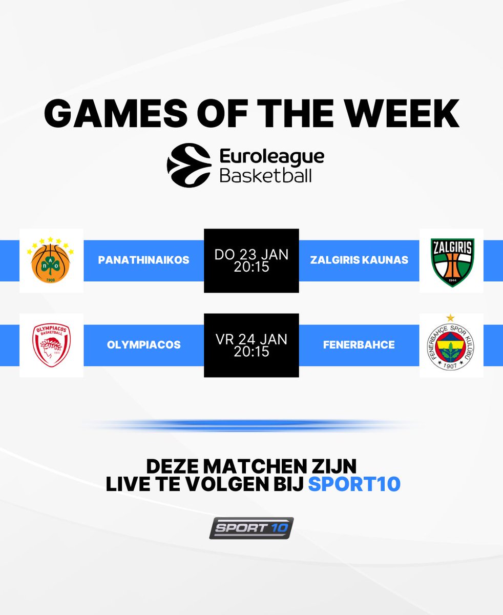 Week 23 serveert ons het neusje van de zalm in de EuroLeague: koploper Olympiakos ontvangt de tweede in de stand Fenerbahçe voor een titanenduel. Afspraak op vrijdagavond 20:15.

Daarnaast zenden we ook donderdagavond Panathinaikos vs Zalgiris Kaunas uit.