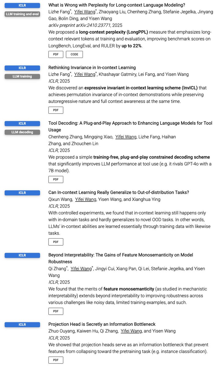 Yifei Wang (@yifeiwang77) on Twitter photo Excited to share that 6 papers were accepted at ICLR 2025! ✨ #ICLR2025
We proposed long-context perplexity, invariant in-context learning, and constrained tool decoding for better training and usage of LLMs. We also looked into some fundamental questions, such as OOD Excited to share that 6 papers were accepted at ICLR 2025! ✨ #ICLR2025
We proposed long-context perplexity, invariant in-context learning, and constrained tool decoding for better training and usage of LLMs. We also looked into some fundamental questions, such as OOD