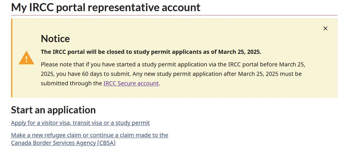 AskKubeir's tweet photo. Please take note that Study permit applications will not be accepted in the "IRCC (new) portal" post March 24, 2025 and will have to be submitted through the IRCC Secure Account (GCkey account)