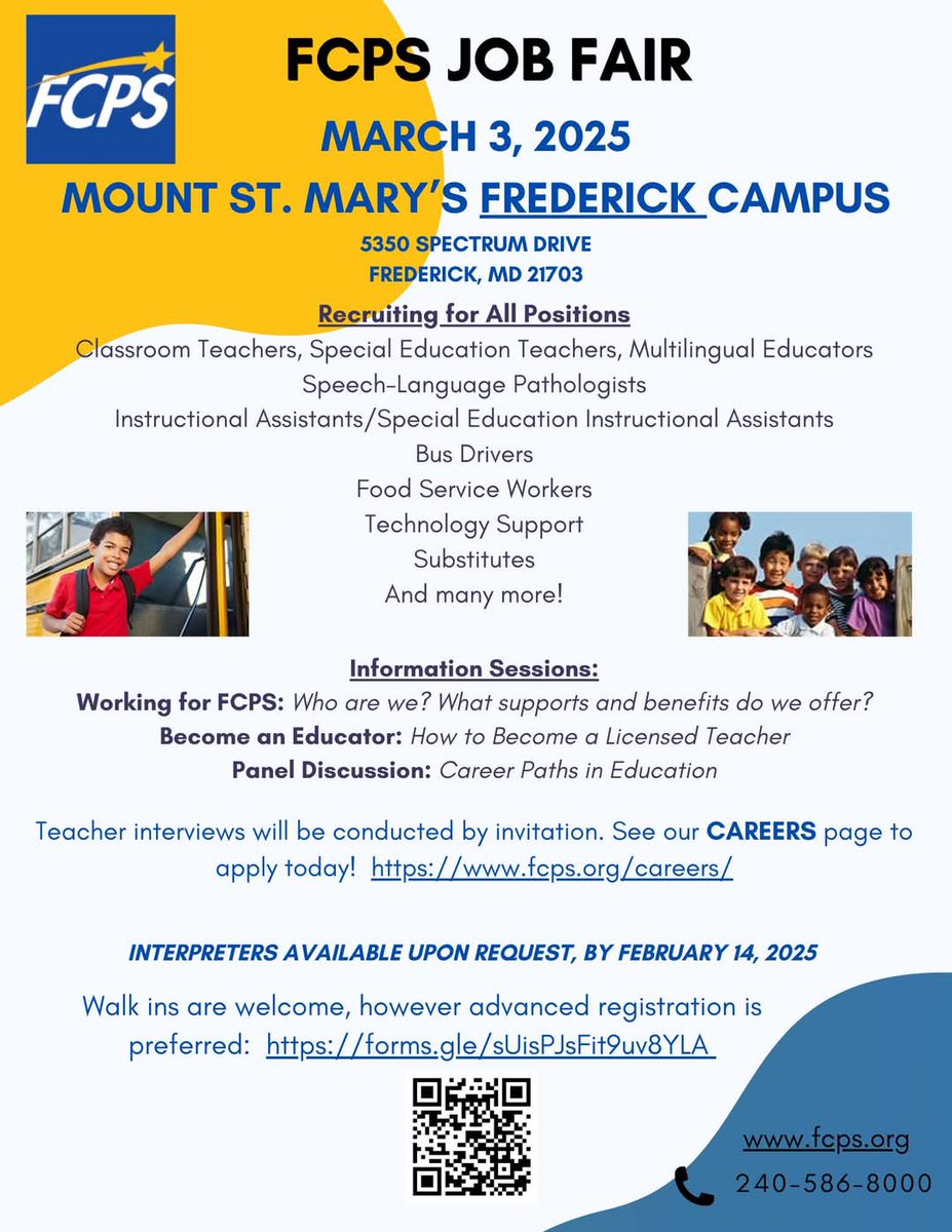 🎉 Mark your calendars for the FCPS JOB FAIR on March 3, from 3-7 PM at Mount St. Mary's Frederick Campus! 💼 Register now and get ready for a day of career opportunities! 👉 #joinfred #togetherfcps #evwrychildeveryday
 fcps.org/careers/job-fa…