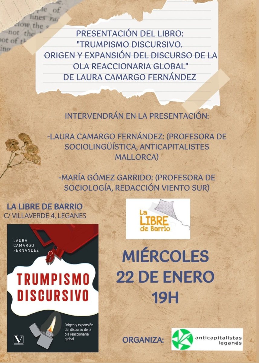 anticapiLega's tweet photo. Comienza la presentación del libro de Laura Camargo: "Trumpismo discursivo. Origen y expansión de la ola reaccionaria global" presentado por Andrea Rojo de Anticapitalistas Leganés. Para dialogar con Laura, contamos con María Gómez. 
Todavía estáis a tiempo de pasar por La Libre! https://t.co/D4JUIex4aN