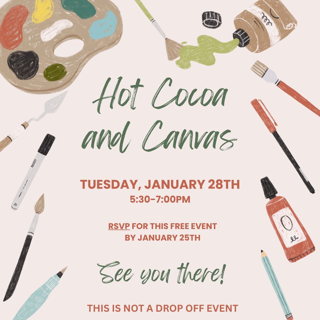 marvinbsmithpto's tweet photo. We are hosting our 3rd annual Hot Cocoa and Canvas on January 28th 5:30-7pm -- bring the whole family for a FREE night of painting led by our very own Ms. Feudale! There is no cost to attend, but we ask that you RSVP so we have enough supplies:
https://t.co/Oo4lmJVL9y https://t.co/uKP4ojjcxg