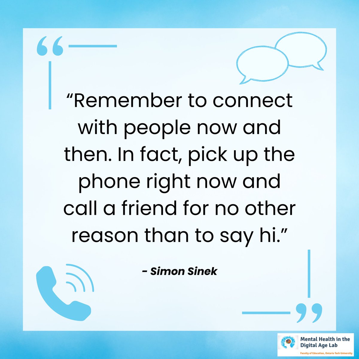MHinDigitalAge's tweet photo. Today is a great day to pick up the phone and call a friend or family member just to say hi! Connecting with our loved ones can boost our mental health and remind us of the supportive networks around us. Let’s keep talking on #BellLetsTalk Day and every day! 💙 https://t.co/zoTtUGvjUj