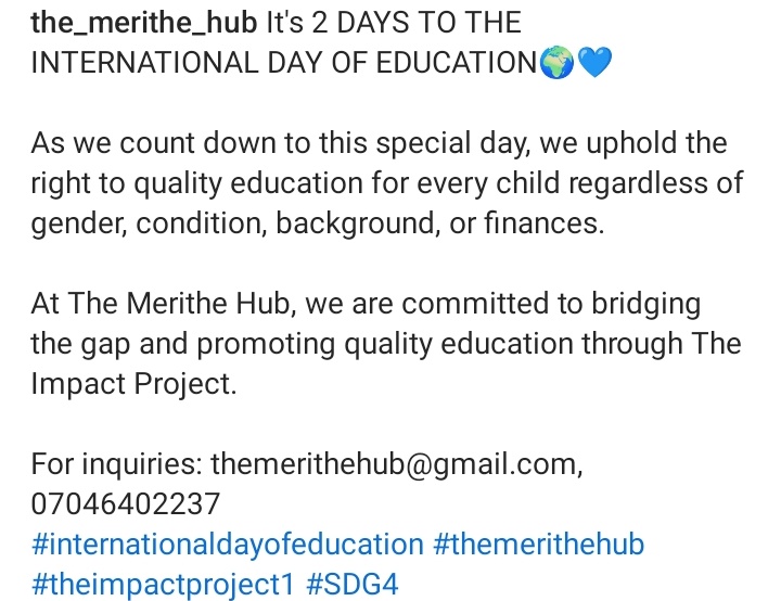 MeritNwachukwu1's tweet photo. It's 2 DAYS TO THE INTERNATIONAL DAY OF EDUCATION🌍💙
As we count down to this special day, we uphold the right to quality education for every child regardless of gender, condition, background, or finances.
#internationaldayofeducation #themerithehub #theimpactproject1 #SDG4 https://t.co/PSCdcyUK0z