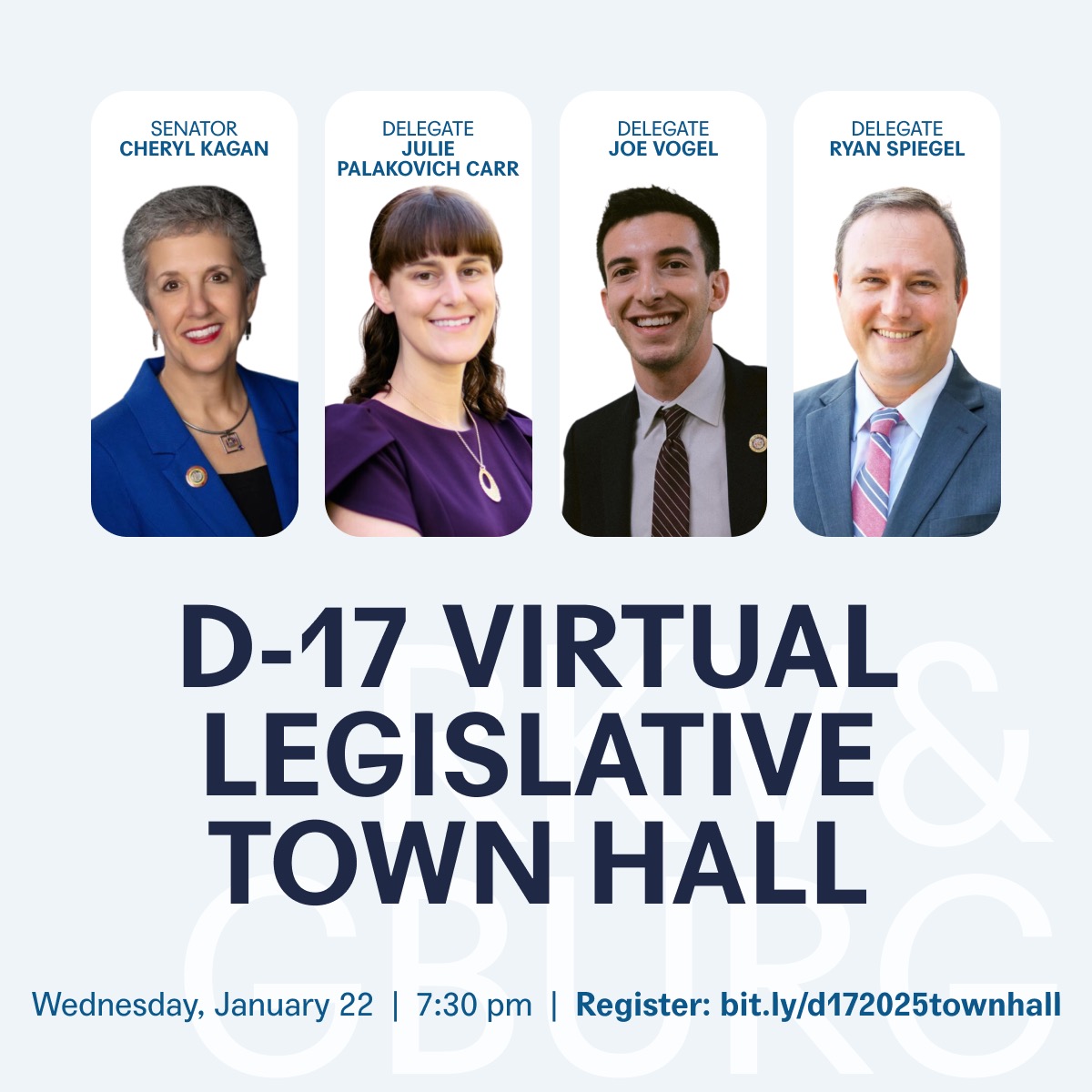 Adam Van Grack (@adamvangrack) on Twitter photo The Legislative Delegation for Rockville & Gaithersburg (District 17) is holding a Virtual Town Hall TONIGHT (Jan. 22) at 7:30 pm. Join me there to hear updates from <a href="/CherylKagan/">Cheryl C. Kagan</a>, <a href="/palakovichcarr/">Delegate Julie Palakovich Carr</a>, <a href="/JoeVogel_/">Joe Vogel</a>, & <a href="/RySpiegel/">Ryan Spiegel</a> about the 2025 session! Register: bit.ly/d172025townhall The Legislative Delegation for Rockville & Gaithersburg (District 17) is holding a Virtual Town Hall TONIGHT (Jan. 22) at 7:30 pm. Join me there to hear updates from <a href="/CherylKagan/">Cheryl C. Kagan</a>, <a href="/palakovichcarr/">Delegate Julie Palakovich Carr</a>, <a href="/JoeVogel_/">Joe Vogel</a>, & <a href="/RySpiegel/">Ryan Spiegel</a> about the 2025 session! Register: bit.ly/d172025townhall