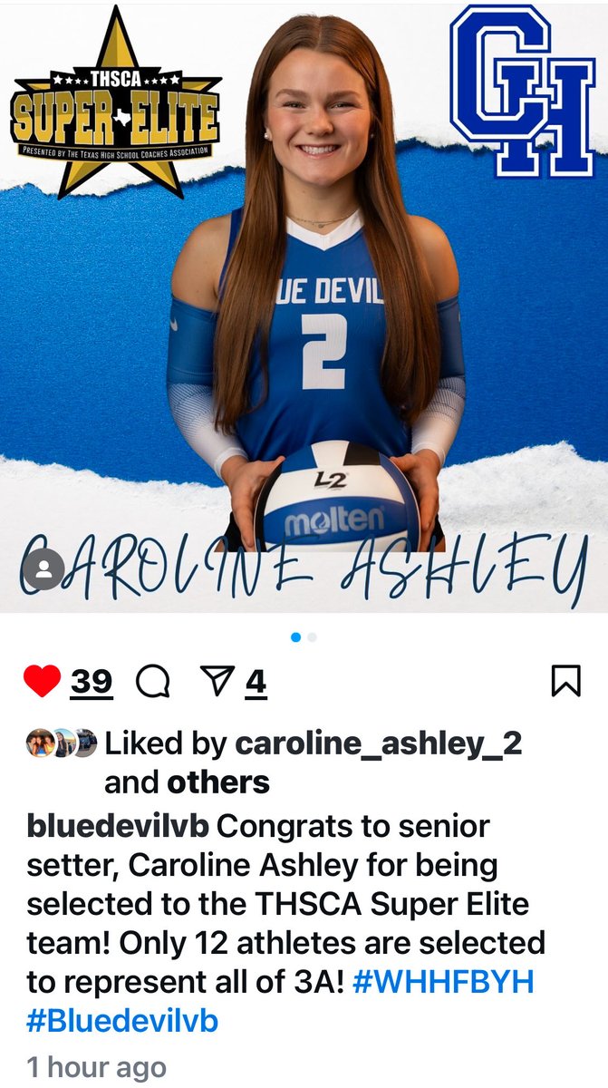 Congratulations Caroline for being selected to the Texas high school coachcoaches association super elite team.  One of 12 players in 3A Texas volleyball. I can’t wait to see what the next level holds for you.