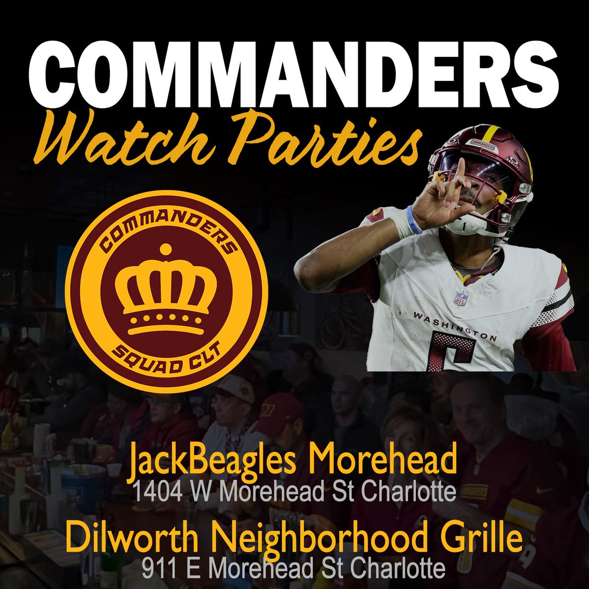 CommandersCLT's tweet photo. Commanders fans: we are hosting two watch parties this Sunday for the NFC Championship
Join us Sunday, 3pm at:
📍 JackBeagles Morehead: 1404 W Morehead St Charlotte
📍 Dilworth Neighborhood Grille: 911 E Morehead St Charlotte
#RaiseHail #CommandersRally https://t.co/JCQRjDgmXk