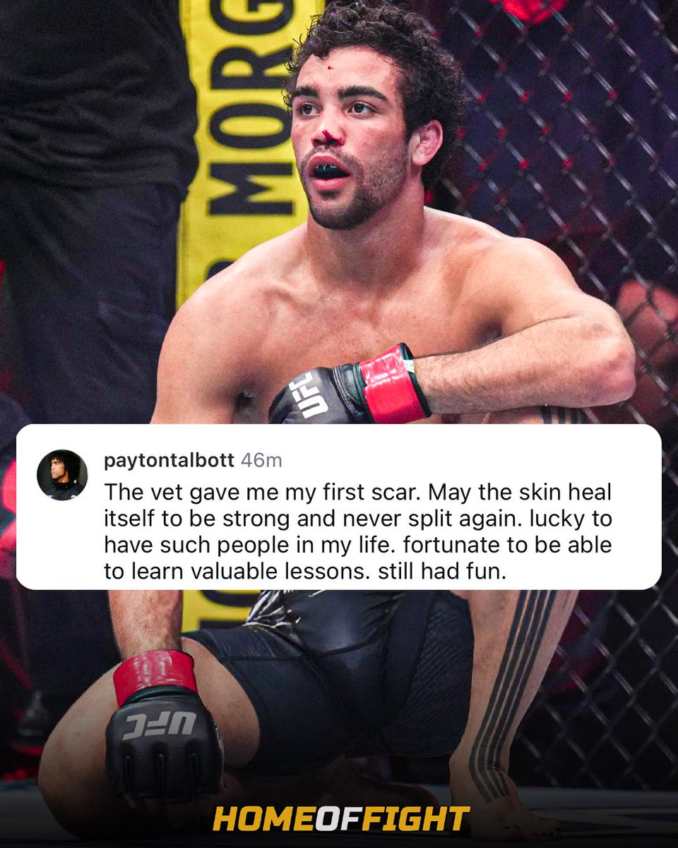 🫡 Payton Talbott responds after losing his first professional fight in a unanimous decision loss to Raoni Barcelos at UFC 311.

“The vet gave me my first scar. May the skin heal itself to be strong and never split again.” (via <a href="/PaytonTalbott/">Payton Talbott</a>)