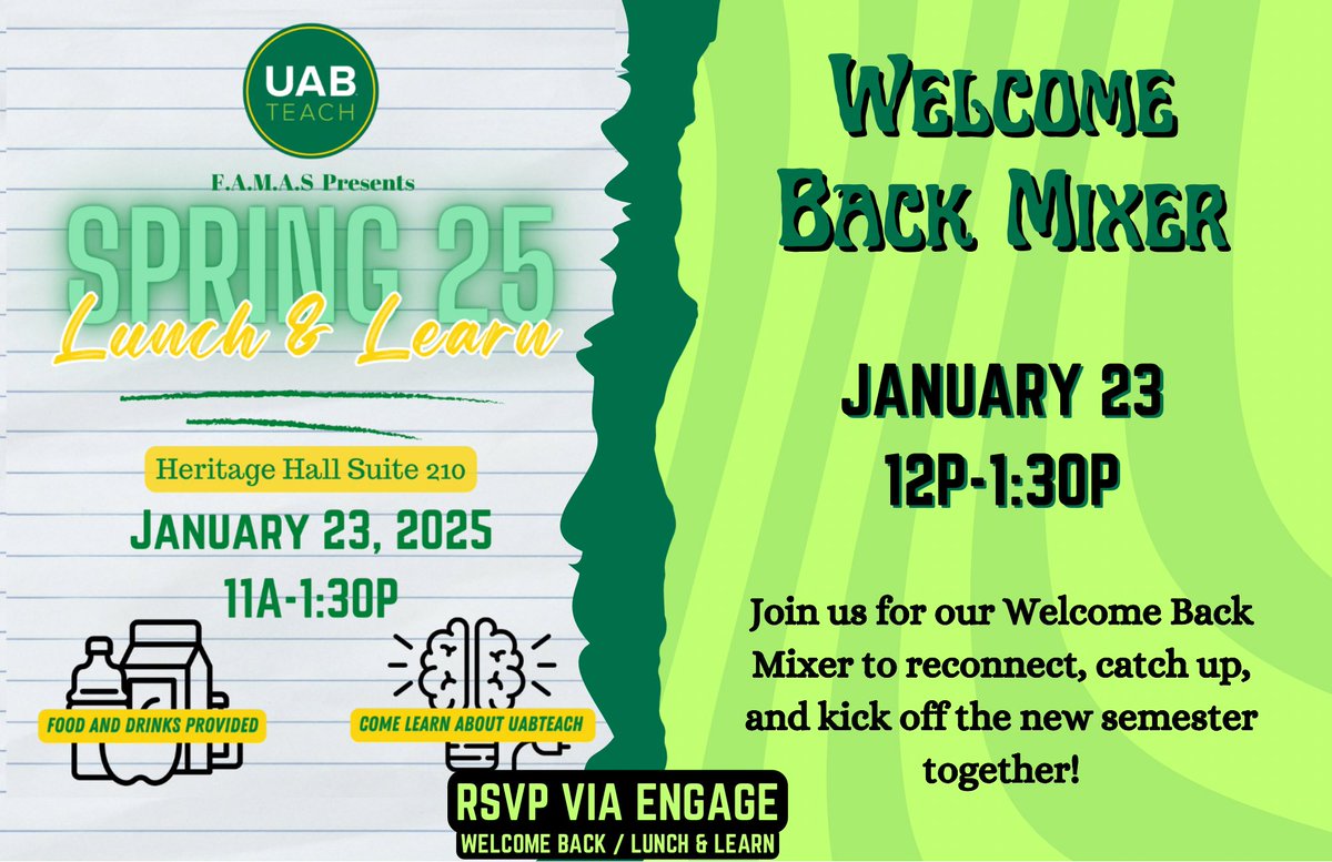 Join us for a fun and informative event hosted by F.A.M.A.S. Enjoy free food and drinks, reconnect with peers, and learn more about UAB Teach.

RSVP via Engage to secure your spot!

uab.campuslabs.com/engage/event/1…