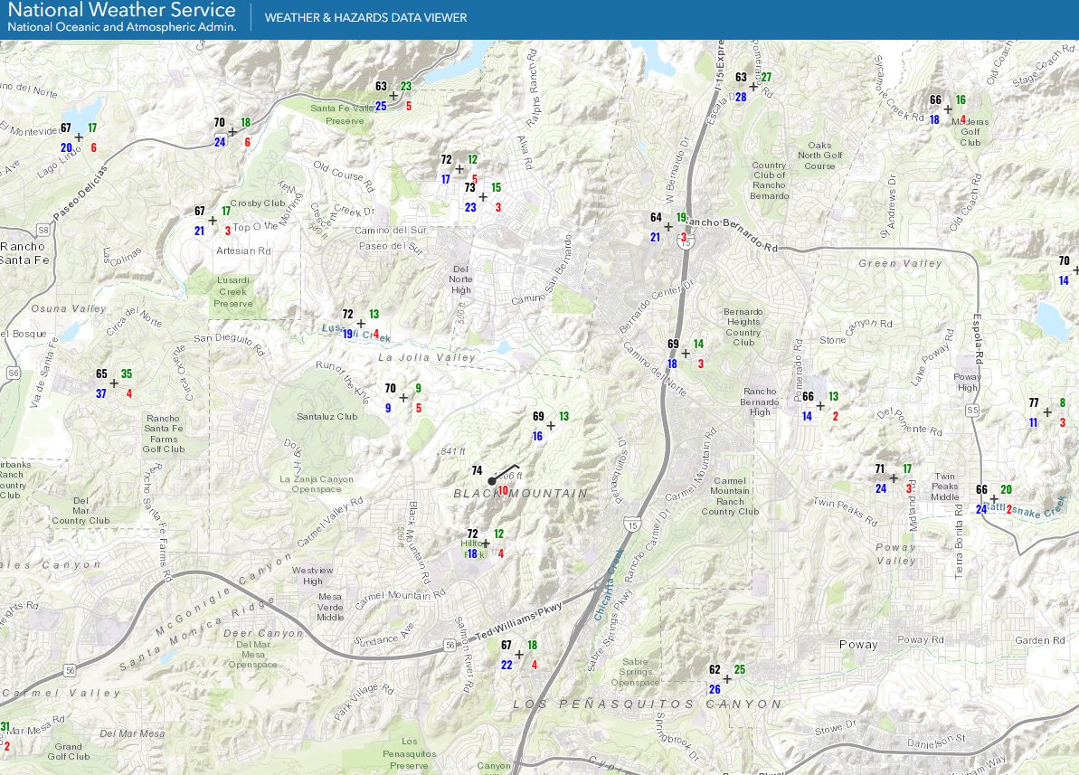 skywatcher77's tweet image. Weather conditions at ~10:38 AM PST in the area of the #BernardoFire in the Bernardo near #Poway in #SanDiegoCounty. 

Currently winds are light, the temperature is 69 degF and the relative humidity is 13%. 

Up on summit of Black Mountain, it's warmer at 75 degF with wind