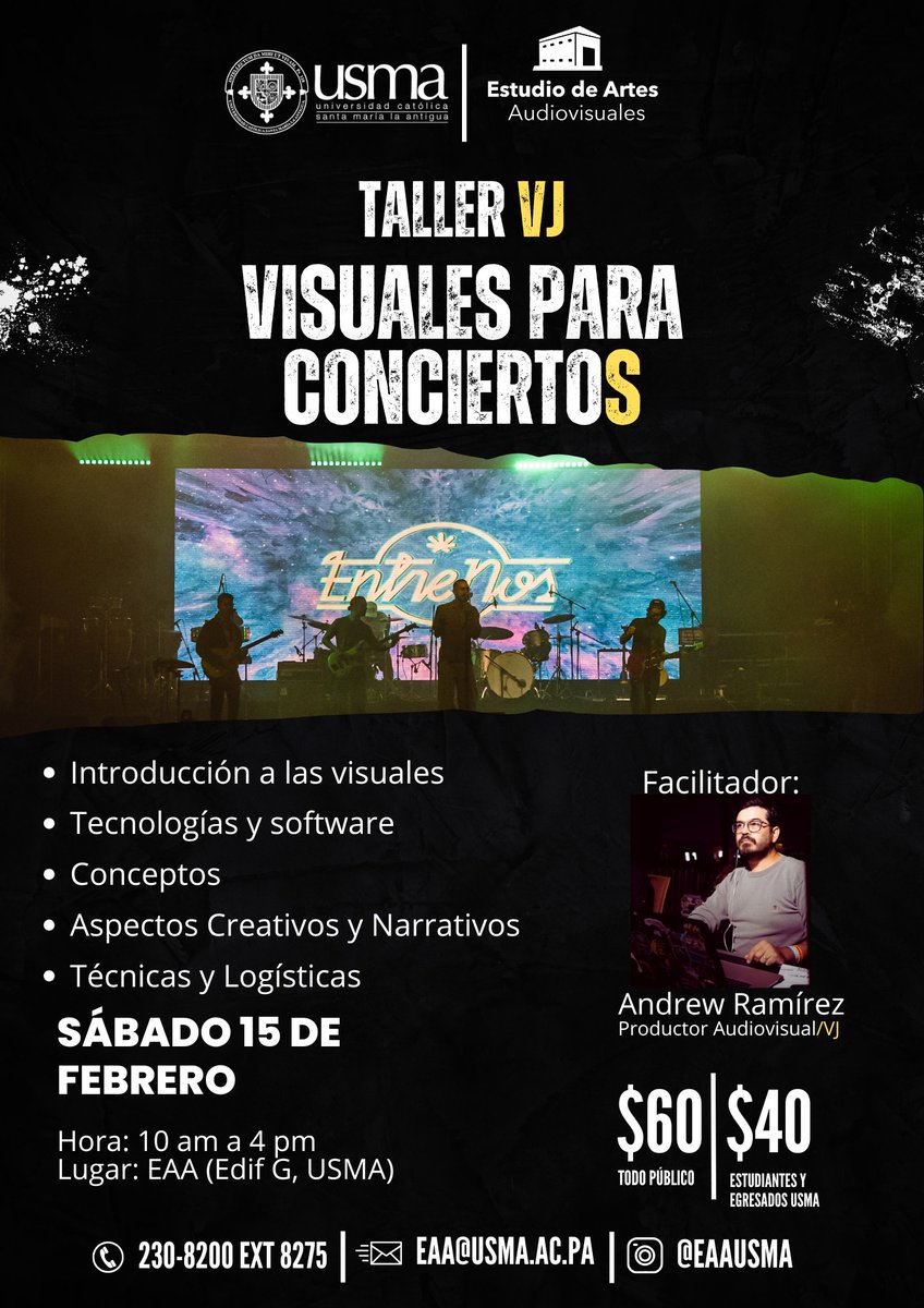otroramirez's tweet image. Hola! Voy a estar promocionando este taller de Visuales para eventos. Aquí vamos a tener mucho espacio para experimentar con técnicas, historia del vijing, tendencias y practica. El lugar será en el Estudio de Artes Audiovisuales de la @USMApanama #vj #vijing #pty #panama
