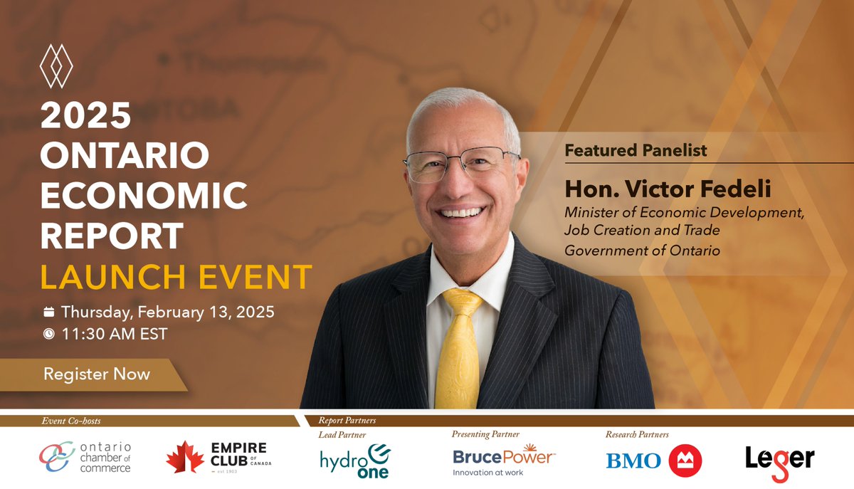 Ontario Chamber (@ontariocofc) on Twitter photo We are delighted to be joined by the Hon. <a href="/VictorFedeli/">Victor Fedeli</a>, Minister of Economic Development, Job Creation and Trade, at the launch of the 2025 Ontario Economic Report in partnership with the <a href="/Empire_Club/">The Empire Club</a>!
Join us on February 13 as the Minister shares his insights and discusses We are delighted to be joined by the Hon. <a href="/VictorFedeli/">Victor Fedeli</a>, Minister of Economic Development, Job Creation and Trade, at the launch of the 2025 Ontario Economic Report in partnership with the <a href="/Empire_Club/">The Empire Club</a>!
Join us on February 13 as the Minister shares his insights and discusses