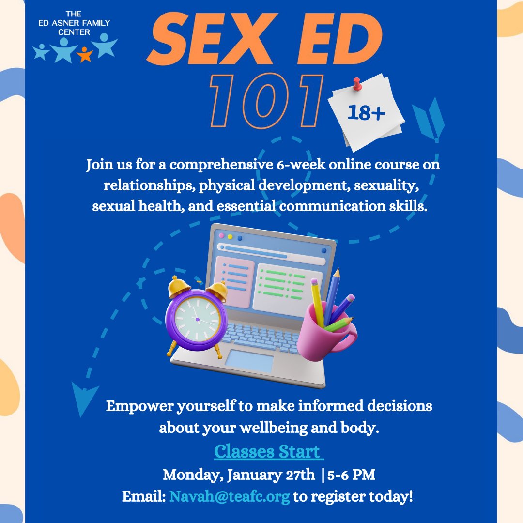 EdAsnerCenter's tweet image. Empower yourself with knowledge! 🧠💬 Join our Sex Ed 101—a 6-week online course covering relationships, physical development, sexuality, sexual health, and vital communication skills.
🌟Classes Start Jan. 27th! Register Today! Email Navah@teafc.org
#SexEd #CommunicationSkills…
