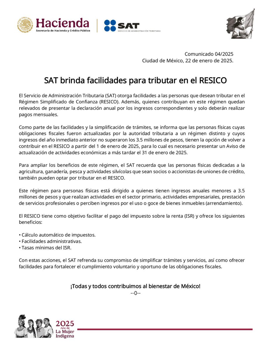 SATMX's tweet photo. #ComunicadoSAT

El SAT informa sobre las facilidades disponibles en el Régimen Simplificado de Confianza (RESICO). Las personas que desean volver a contribuir en dicho régimen, deben presentar un Aviso de actualización de actividades económicas a más tardar el 31 de enero de 2025.

Con estas acciones, el SAT refrenda su compromiso de simplificar trámites y servicios, así como ofrecer facilidades para fortalecer el cumplimiento voluntario y oportuno de las obligaciones fiscales.