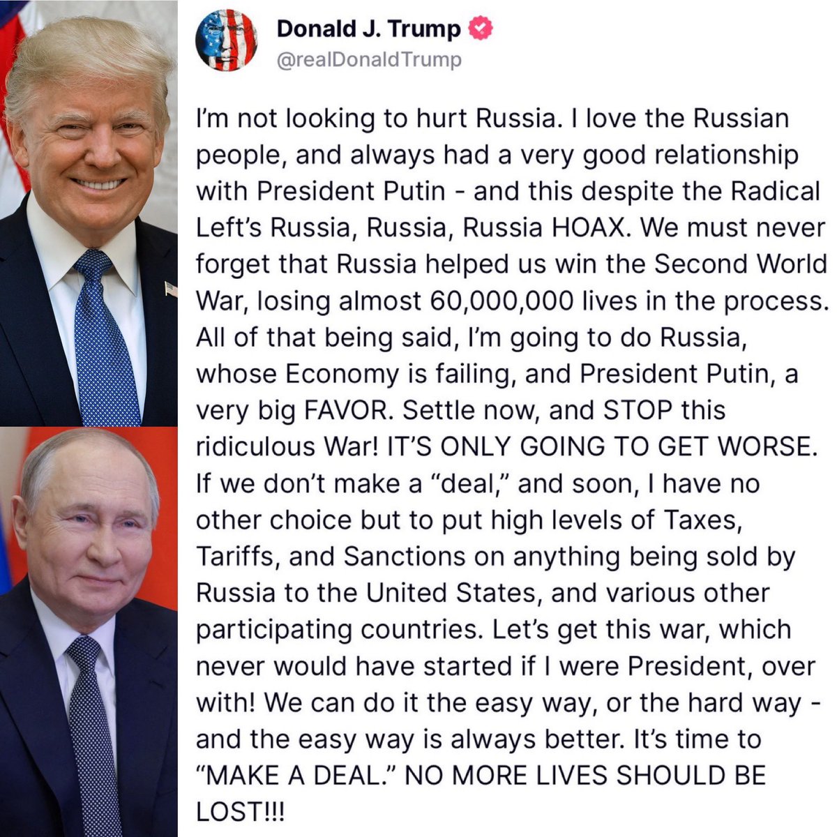 DailyLoud's tweet image. President Donald Trump to Russian President Vladimir Putin:

 &quot;Let&apos;s get this war over with. We can do it the easy way... or the hard way.&quot;