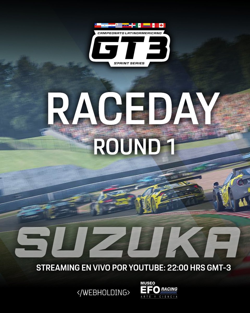 No te pierdas hoy la primera fecha de nuestro campeonato LATINOAMERICANO de GT3 SPRINT SERIES desde Suzuka!

En vivo por nuestro canal de YouTube!

22:00 hrs 🇨🇱🇦🇷🇺🇾🇵🇾
21:00 hrs 🇩🇴🇻🇪
20:00 hrs 🇵🇪🇨🇴
19:00 hrs 🇲🇽