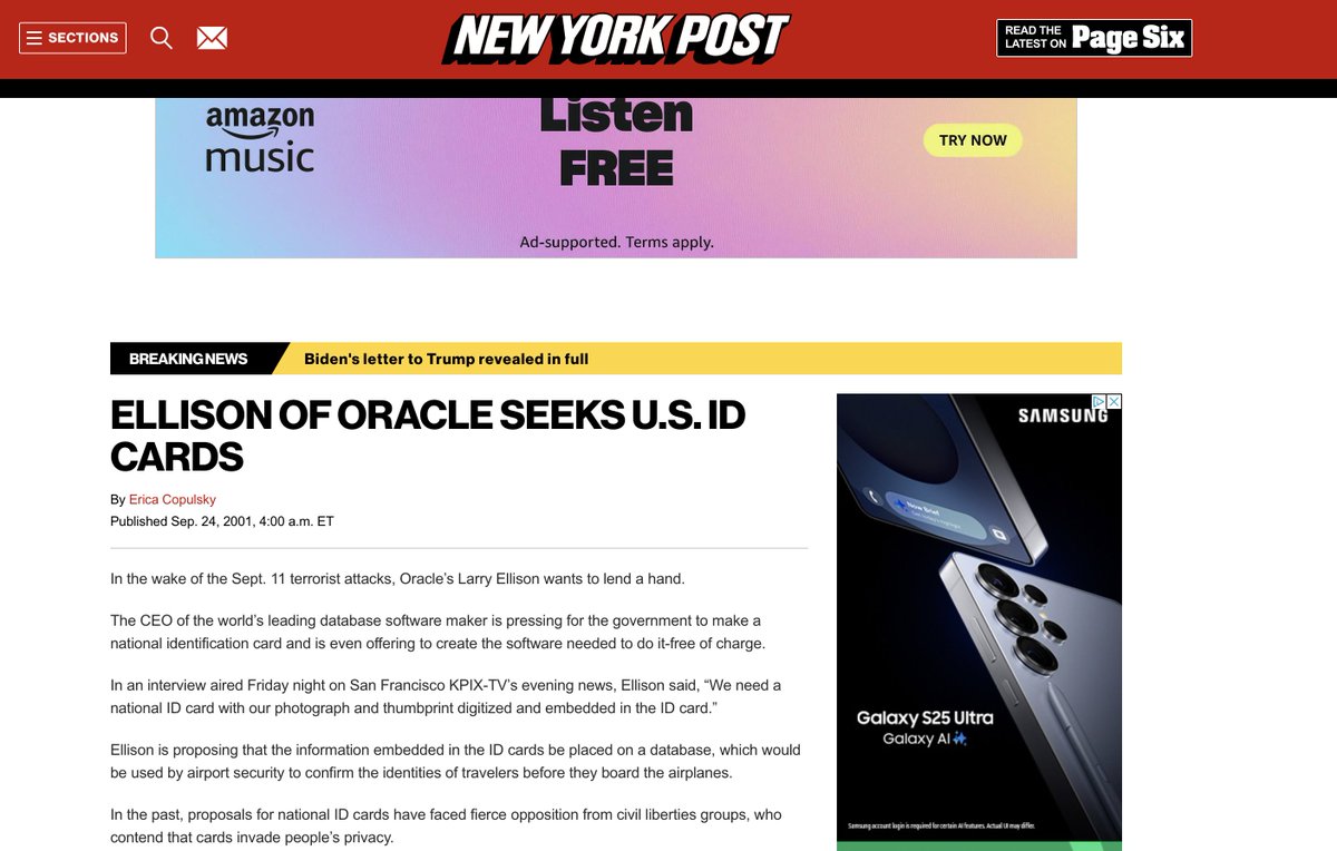 Trumps partner in Stargate Larry Ellison wanted to introduce a Digital ID off the back of 9/11 as far back as 2001....And offered to give it to the FED for free.

This is the guy now in charge of the huge DATA base structures backed by $500 Billion and Trump.