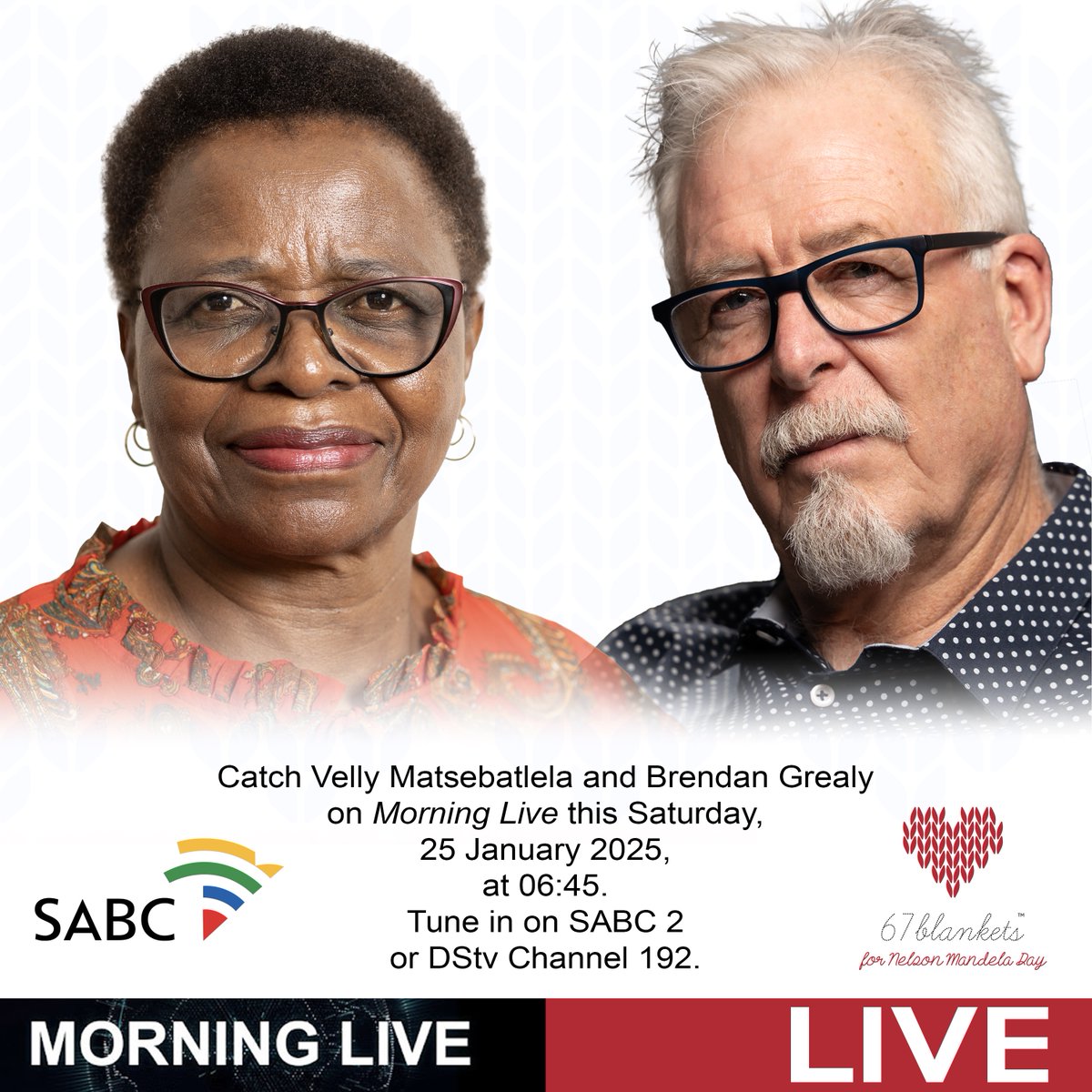 Catch Ambassador Velly Matsebatlela and EXCO Chairman Brendan Grealy on <a href="/MorningLiveSABC/">SABCNews_MorningLive</a> this Saturday, 25 January 2025, at 06:45.
Tune in on SABC 2 or DStvChannel 192.
#67Blankets #thehugesthappinessblanket
<a href="/Carolyn_Steyn/">Carolyn Steyn</a>