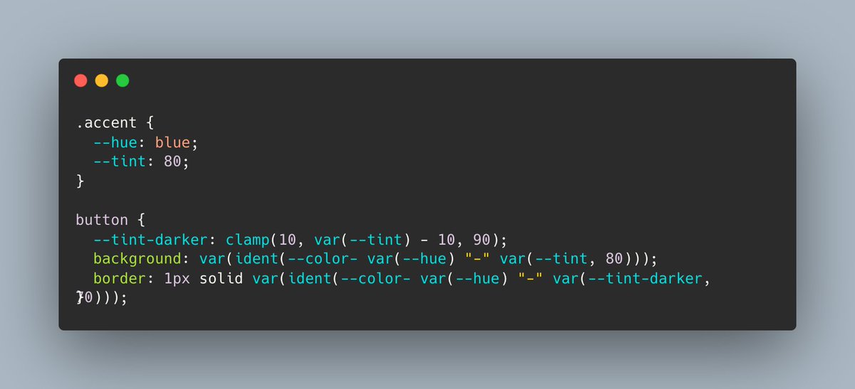 😍 PSA: ident() is an upcoming CSS feature I’m incredibly excited about and you're about to be too.

It will allow you to compose CSS variable names from other variables, making code like this possible: 😍

Spec: drafts.csswg.org/css-values-5/#… 
Proposal (by <a href="/bramus/">Bramus</a>):