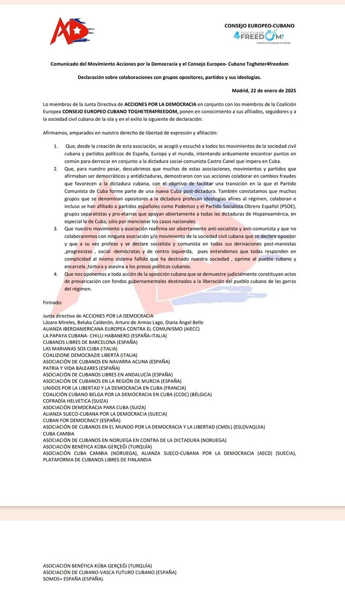 Declaración de Acciones por la Democracia junto al Consejo Europeo Cubano AEICC Together For Freedom sobre la colaboración con grupos opositores y sus ideologías.
