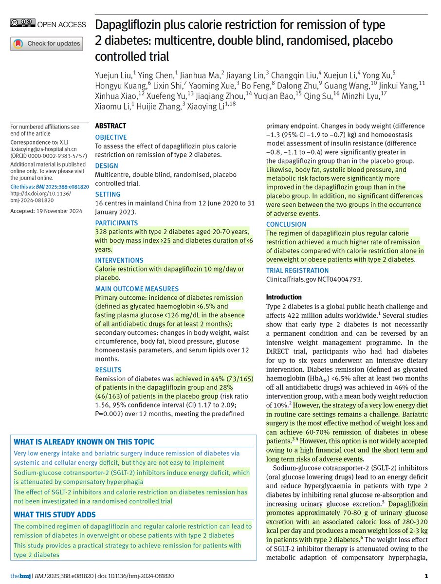 EricTopol's tweet photo. On Reversing Type 2 diabetes
A randomized trial of an SGLT-2 drug and moderate caloric restriction (vs placebo drug) led to remission in 44% vs 28% in the control group