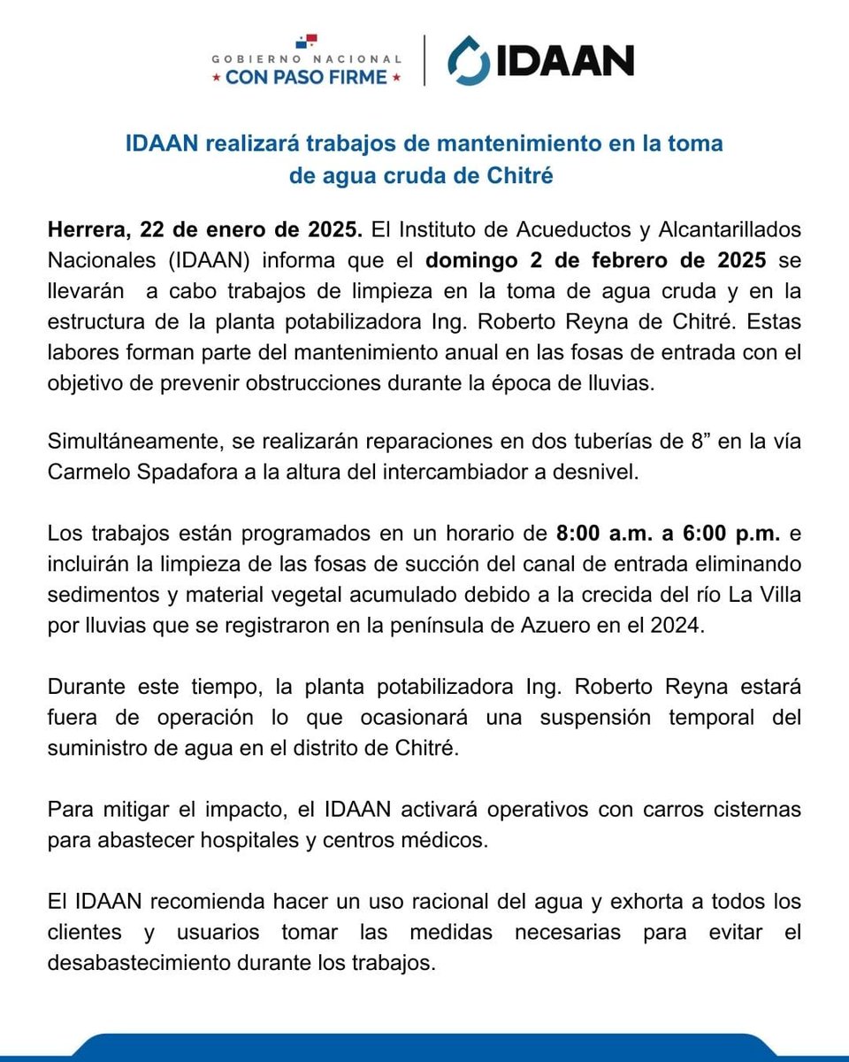 IDAAN (@idaaninforma) on Twitter photo #Herrera: IDAAN realizará trabajos mantenimiento en la toma de agua cruda de Chitré. <a href="/311Panama/">311 Panamá</a>
#ConPasoFirme
#SomosIDAAN #Herrera: IDAAN realizará trabajos mantenimiento en la toma de agua cruda de Chitré. <a href="/311Panama/">311 Panamá</a>
#ConPasoFirme
#SomosIDAAN